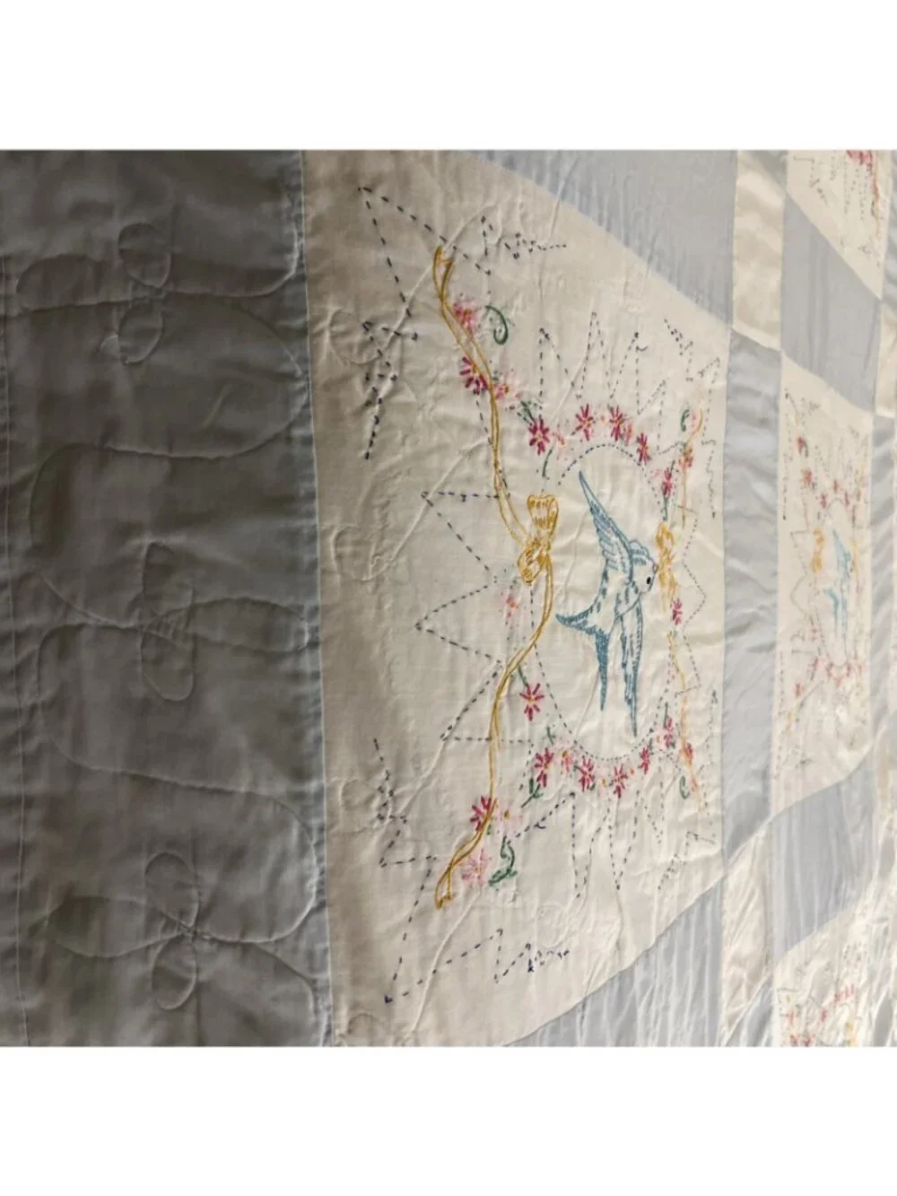 Vintage Quilt Bird Floral Wreath Handmade 74 inches wide x 98 inches long